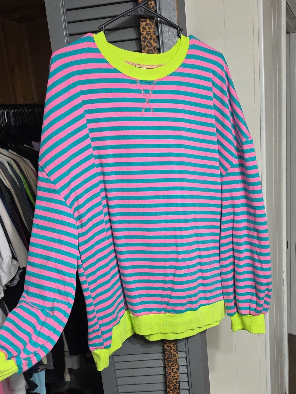 Striped Neon Sweatshirt - Pink & Teal with Neon Yellow Trim